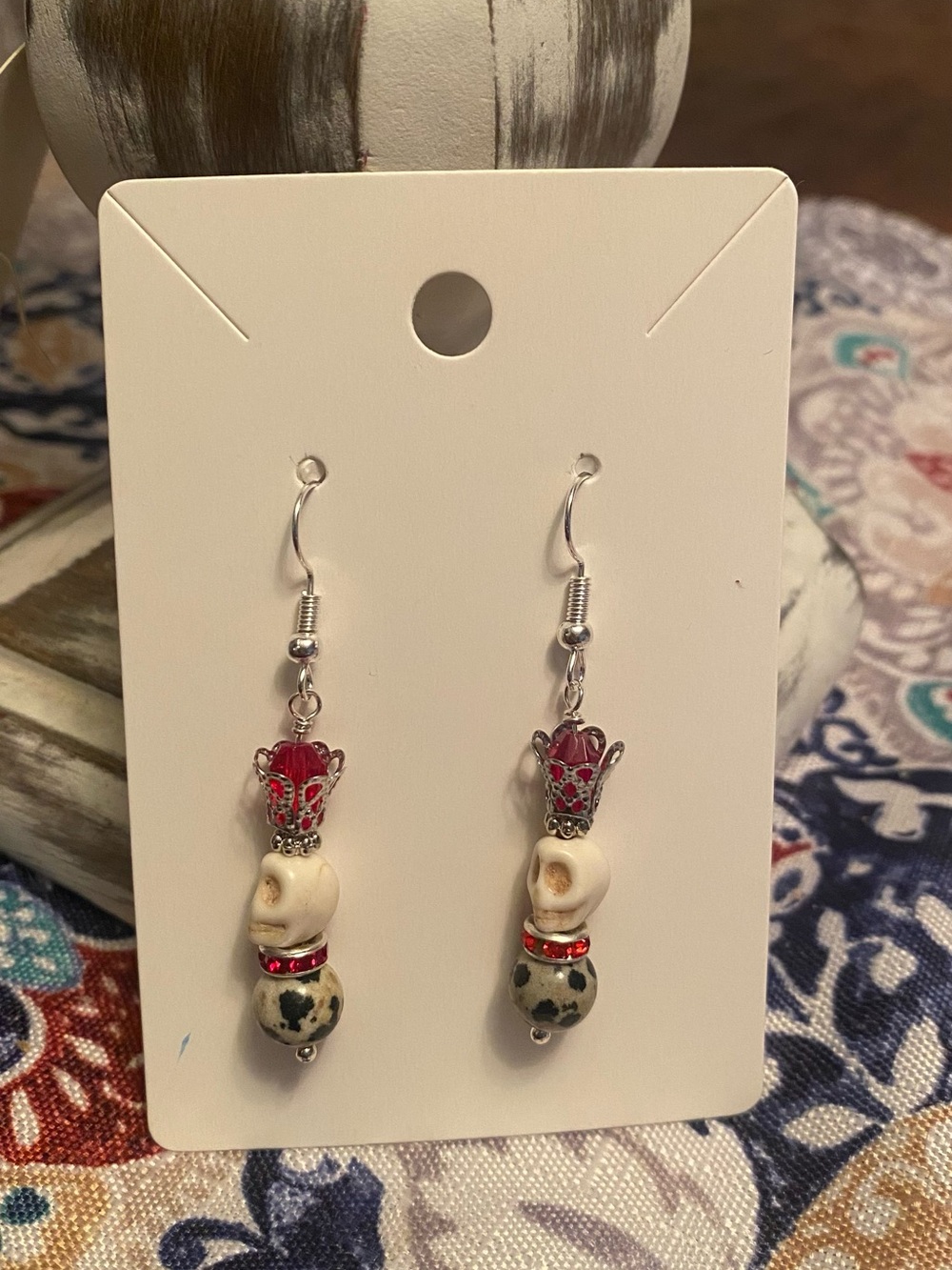 Handmade Skull & Bead Dangle Earrings - Red and Ivory